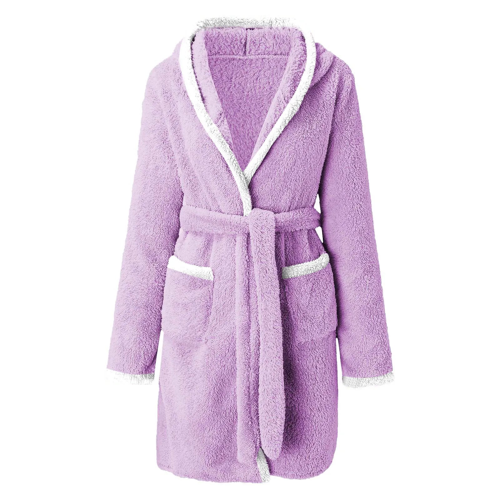 Women's Winter Casual Plush Robe Solid Color Matching Double Pocket Strappy Nightgown Fuzzy Bathrobe Coats Home Clothed Ladies