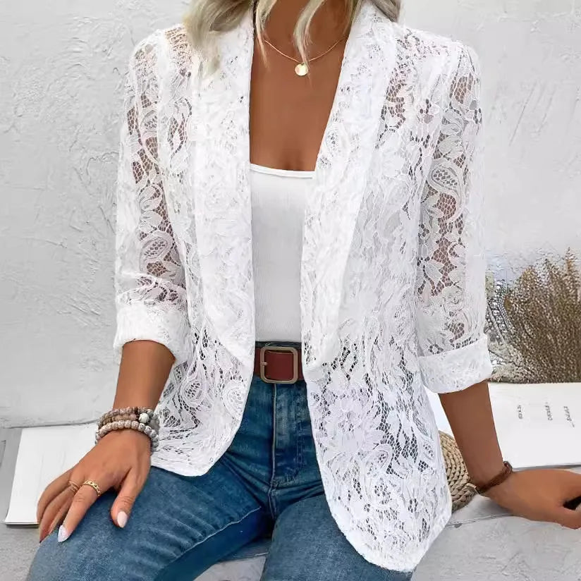 Women's New Spring/summer Stylish Small Suit  Solid Color Lace Hollow-out Long-sleeved Lapel Shirt Jacket Cardigan Suit Soat