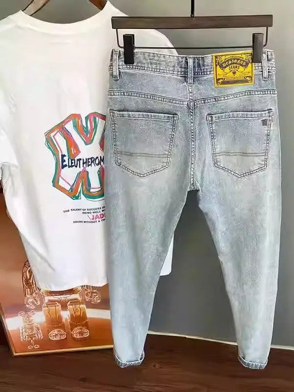 Light Blue Embroidered Jeans Men's Summer Slim Fit Nine-Piece Waed Casual Pants Breathable Straight Leg Jeans Youth Trend