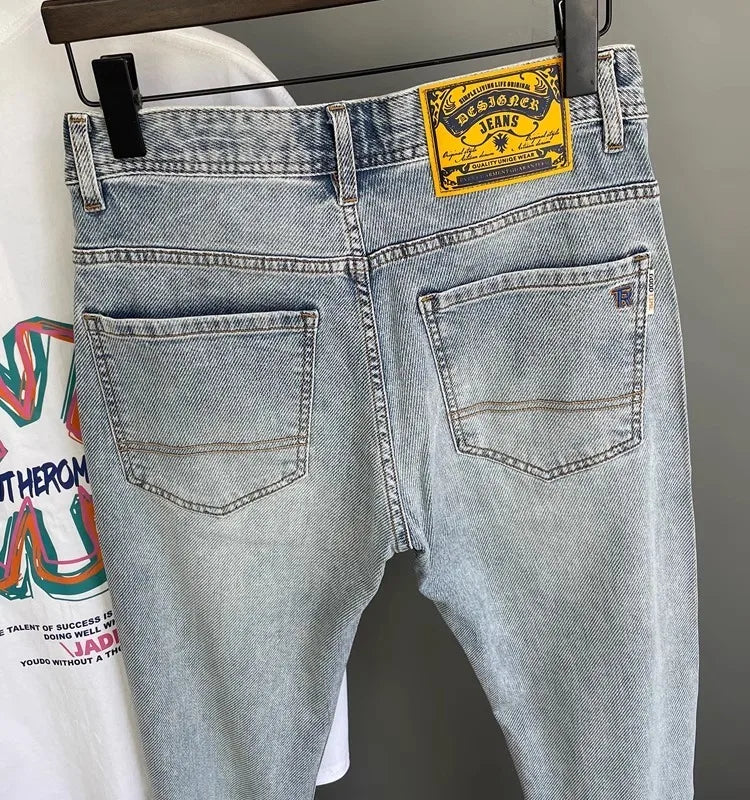 Light Blue Embroidered Jeans Men's Summer Slim Fit Nine-Piece Waed Casual Pants Breathable Straight Leg Jeans Youth Trend