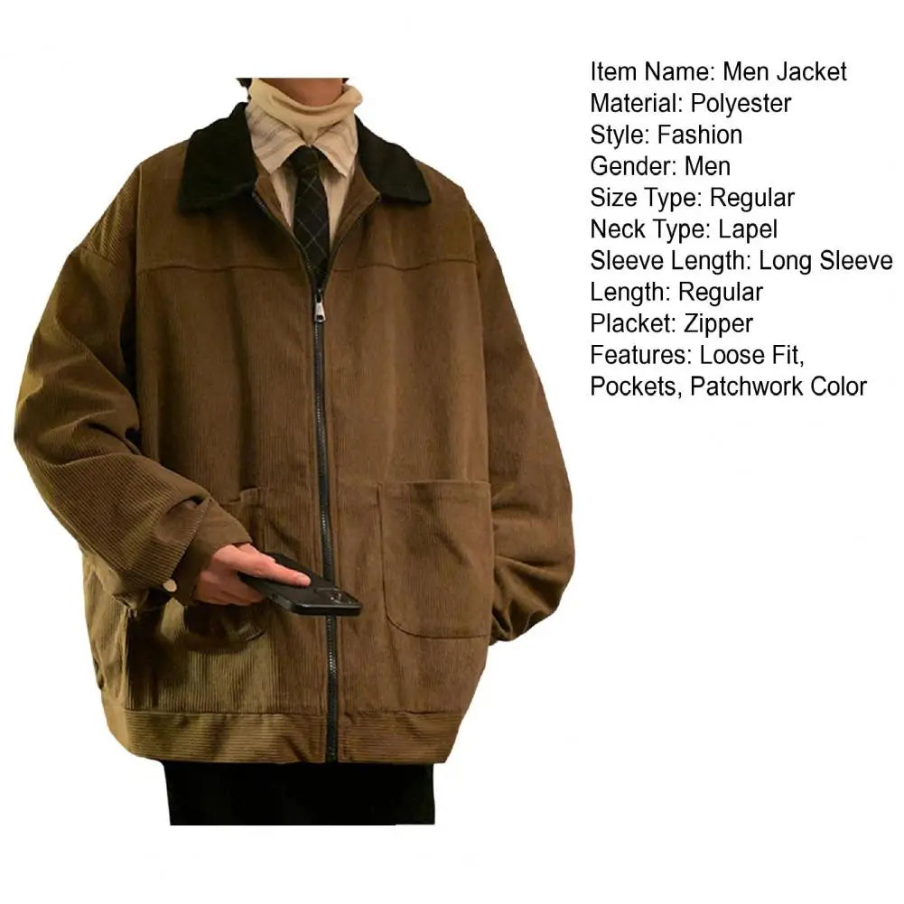 Men Jacket Stylish Men's Corduroy Patchwork Jacket with Full Zipper Placket Lapel Coat Outwear for Fall Winter Corduroy Outwear