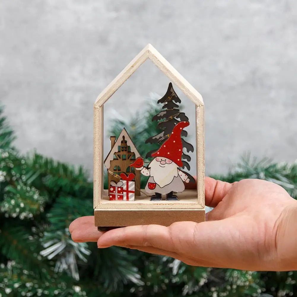 Christmas Ornaments Xmas LED Wooden House Glowing Santa Claus Wooden House Ornament For Party Home Desktop Decor