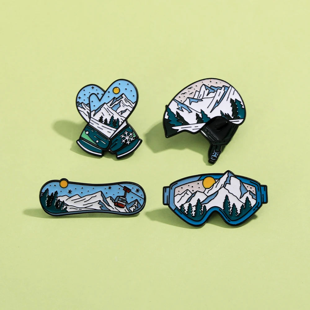 Winter Skiing Equipment Design Enamel Pins Snow Mountain Pattern Snowboard Helmet Snow Goggles Glove Shaped Brooches
