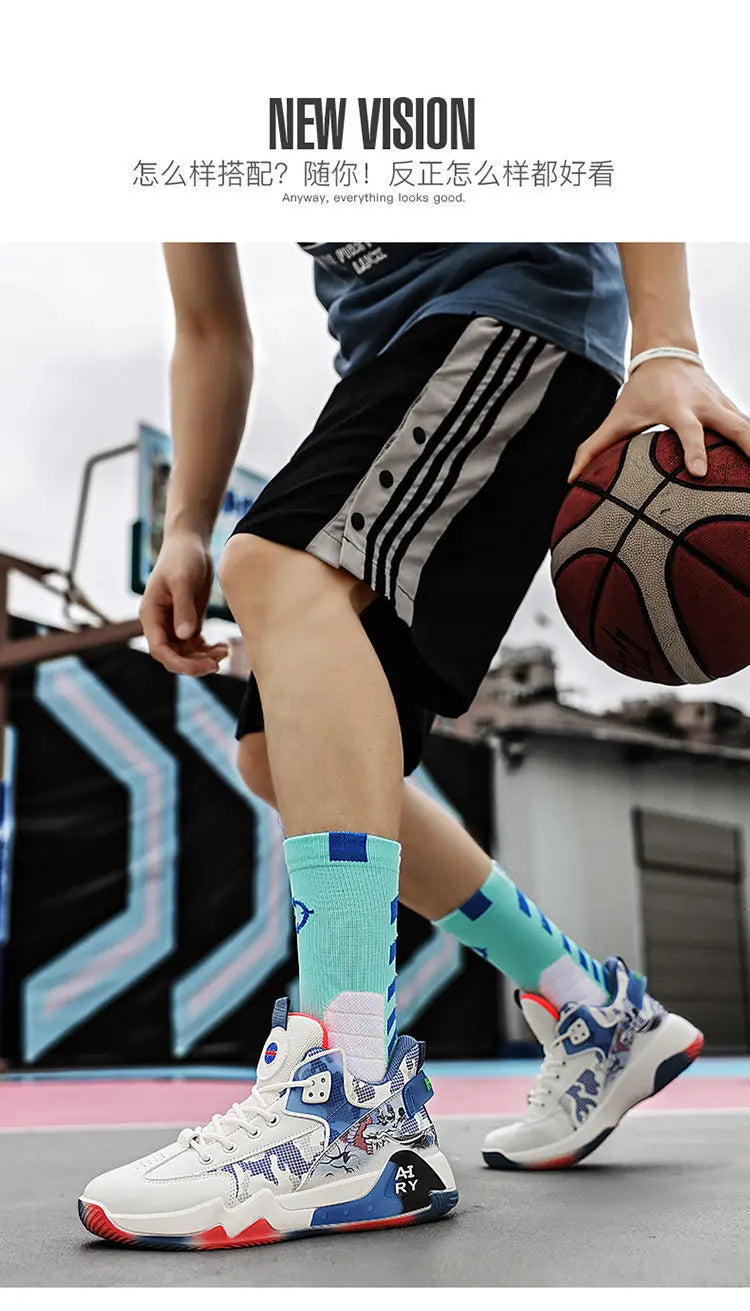 Couple Basketball Shoes Men High Top Sports Wear Resistant Air Cushioning Shoes Athletic Boots Comfortable Breathable Sneakers
