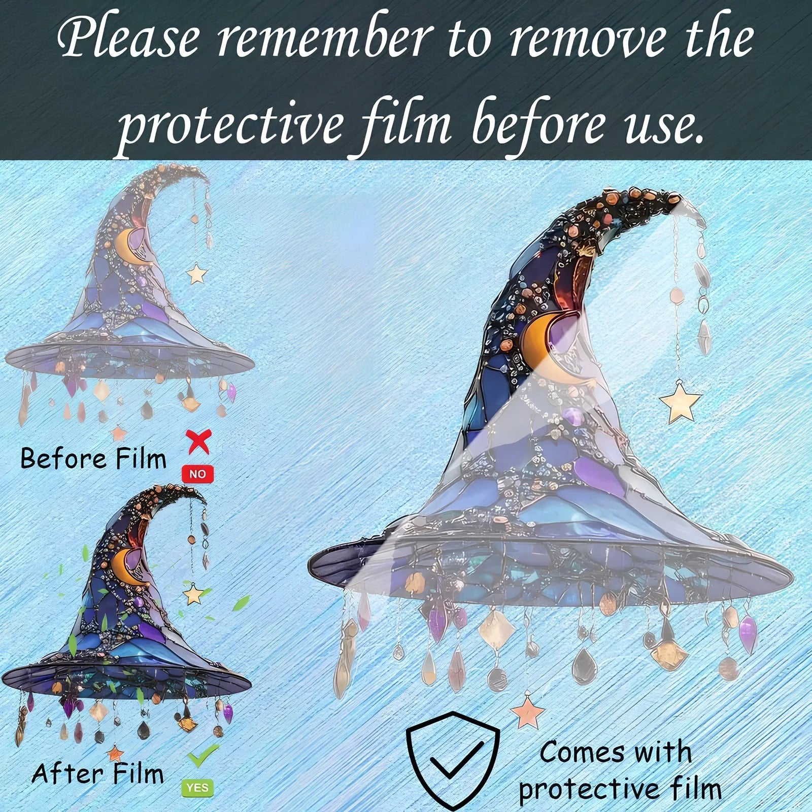 ‌Halloween Witch Hat Ornament Blue Acrylic Hanging Decor Glow in the Dark Party Supplies Moon Star Charm Spooky Home Decoration