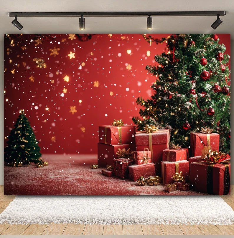 Christmas Day Decor Backdrop for Photography Xmas Tree Red Room Wall Glitter Gift Family Holiday Portrait Decor Photo Background