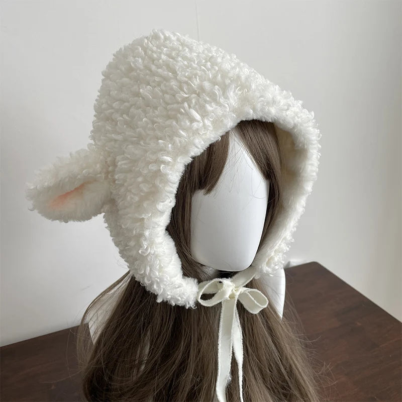 Winter White Plush Sheep Warm Hat Lolita Set Women's Outdoor Cute Leg Warmer Earmuffs Jk Cosplay Clothing Fashion Accessories