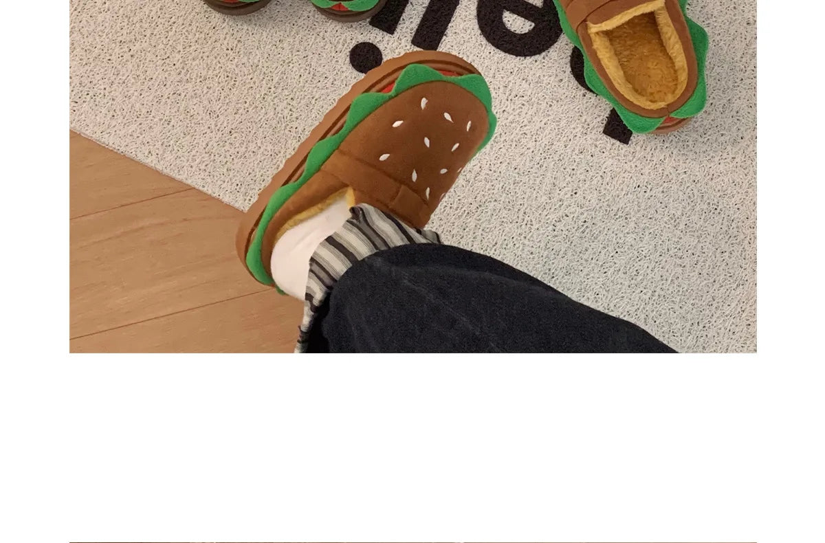 Women's Home Slippers Winter Warm Fuzzy Hamburger Slippers Funny Cute Indoor Rug Flat-Soled Home Shoes Plush Home Slippers