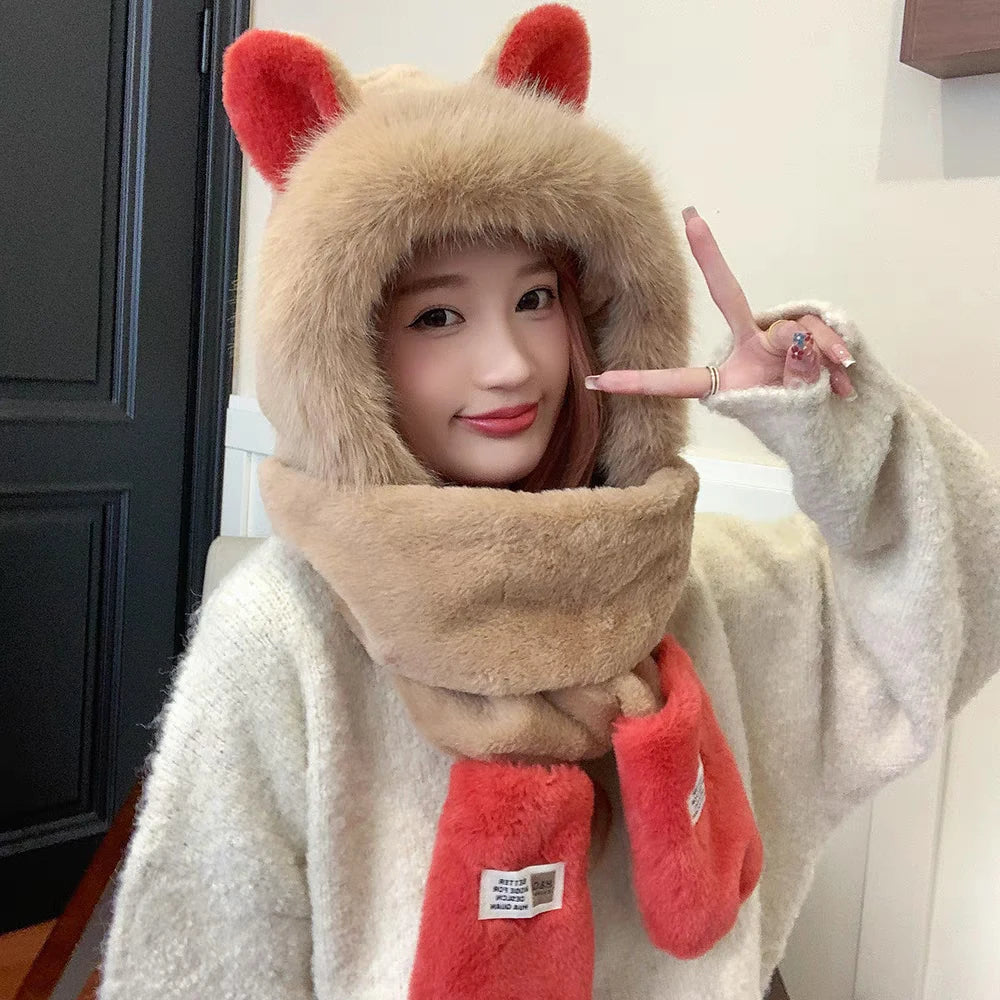 1 Pieces Winter Women's Warm Hat Three-piece Set Hat Scarf Gloves All-in-one Set Cute Cartoon Fashionable Versatile