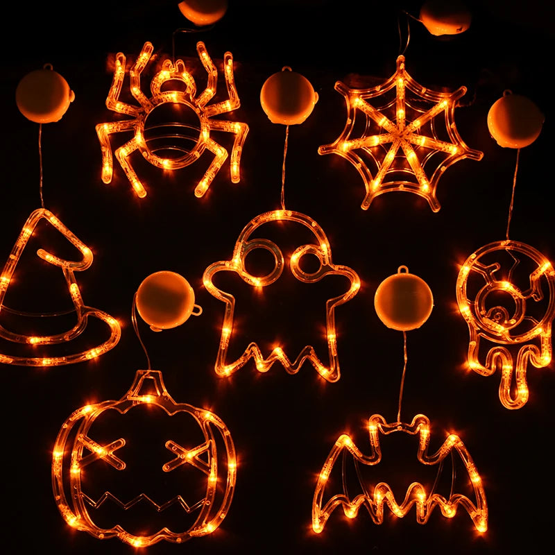 Halloween Orange Window Light Orange Pumpkin Ghost Witch Hat Design LED Sucker Lamp Bar Home Party Hanging Decor Without Battery