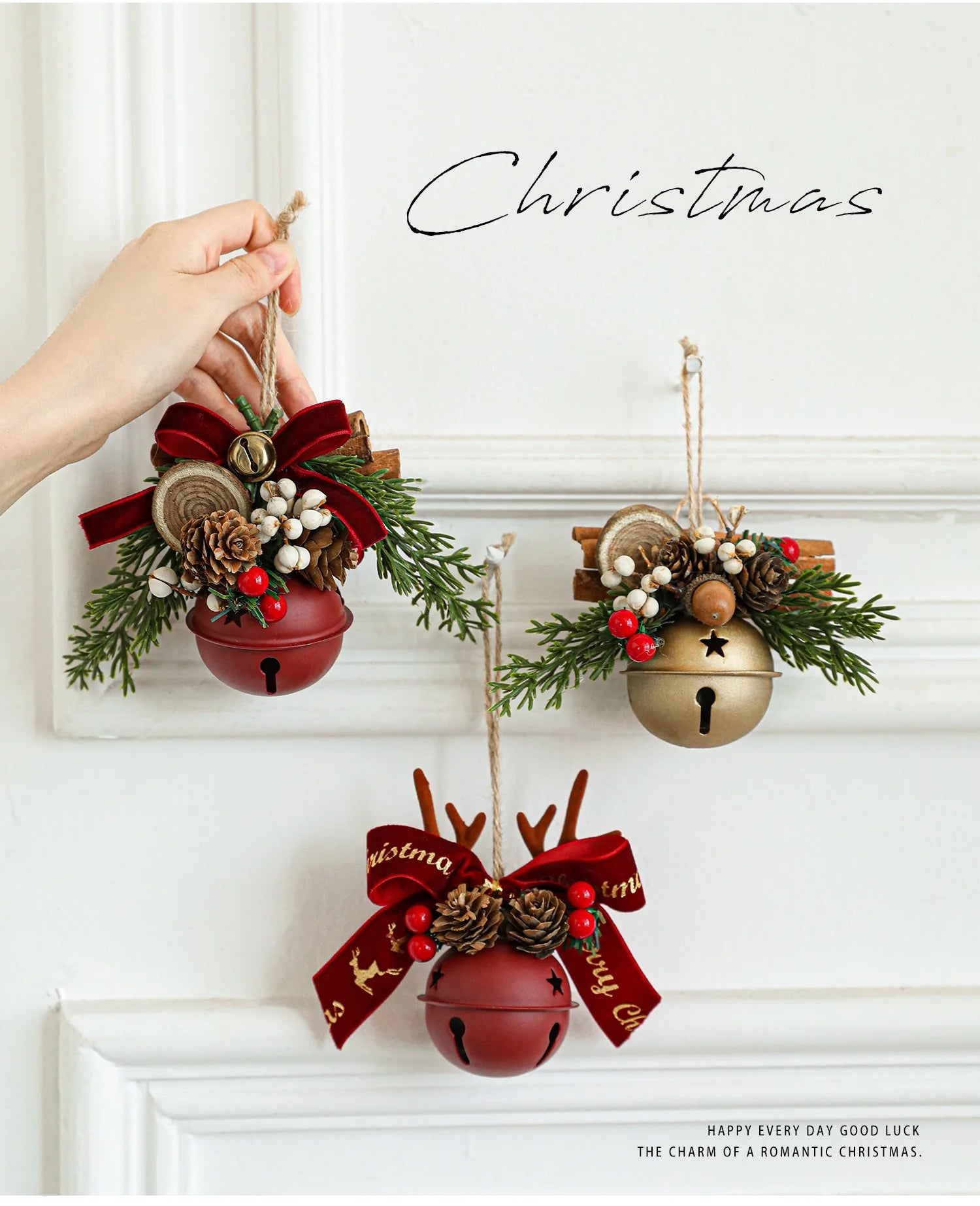 Christmas Hanging Decor Set, Assorted Deer Antler Bell Bow Pinecone Ornaments for Xmas Tree Home Car Gift