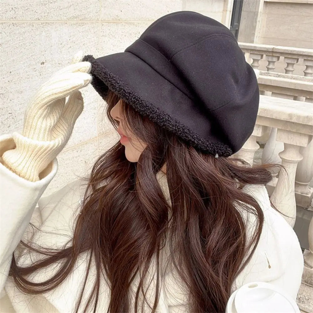 Winter Hats for Women Suede Bucket Hat Plus Velvet Lamb Hair Caps Outdoor Warm Thick Beret Wide Brim Windproof Cap Thick Hats