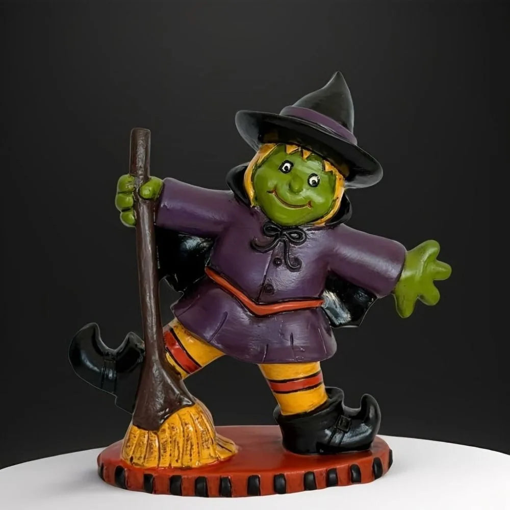 Halloween Themed Halloween Witch Figurine Resin Handicraft Desk Witch Sculpture Collectible Model Halloween Broom Witch Ornament