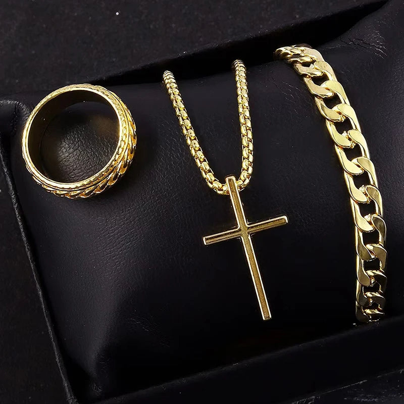 Men's Set Simple Personality Hip Hop Party Jewelry Accessories 3Pcs Punk Cross Pendant Necklace Bracelet Chain Ring