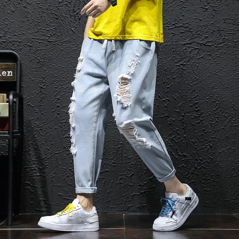 2025 Men's Summer Ripped Jeans Fashion Casual Streetwear Korean Style Baggy Broken Holes Trousers Denim Cropped Pants Oversized