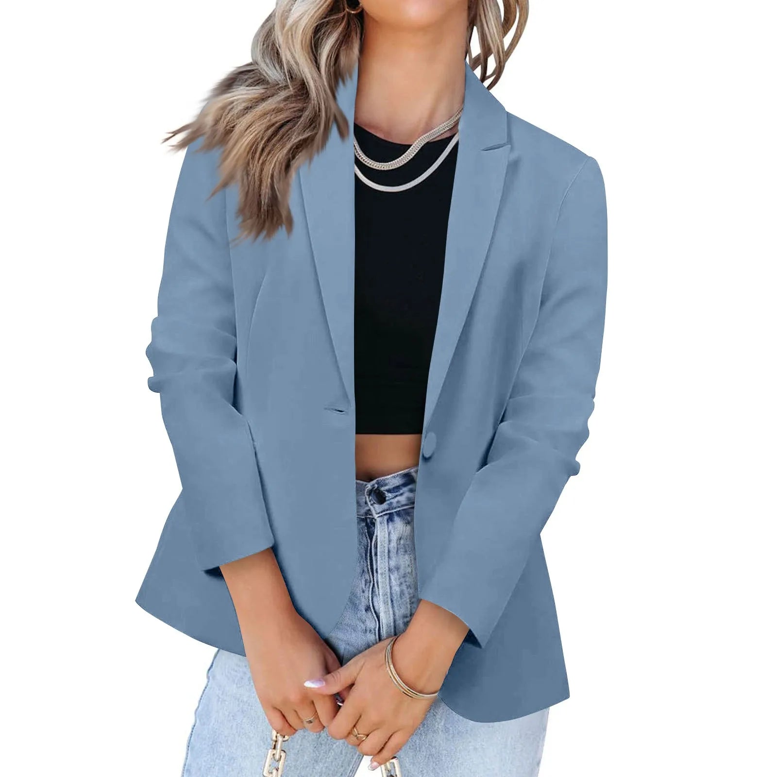 Casual Suit Jacket for Women Fashion Solid Color Long-sleeved Suit Collar Blazer Business Casual Single-button Cardigan Jacket