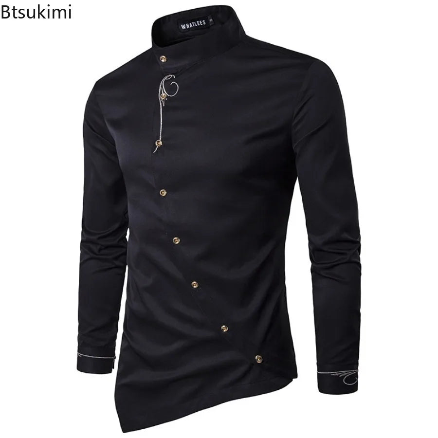 2025 Men's Oblique Button Dress Shirt High Quality Long Sleeve Slim Embroidery Shirts Men Stand Collar Business Wedding Camisas