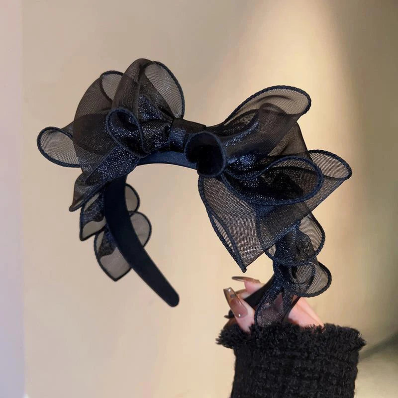 Women Originality Ruffled Edge Stylist Accessories Hair Hoop Fashion Korea Retro Black Mesh Big Bow Headband Hair Accessories