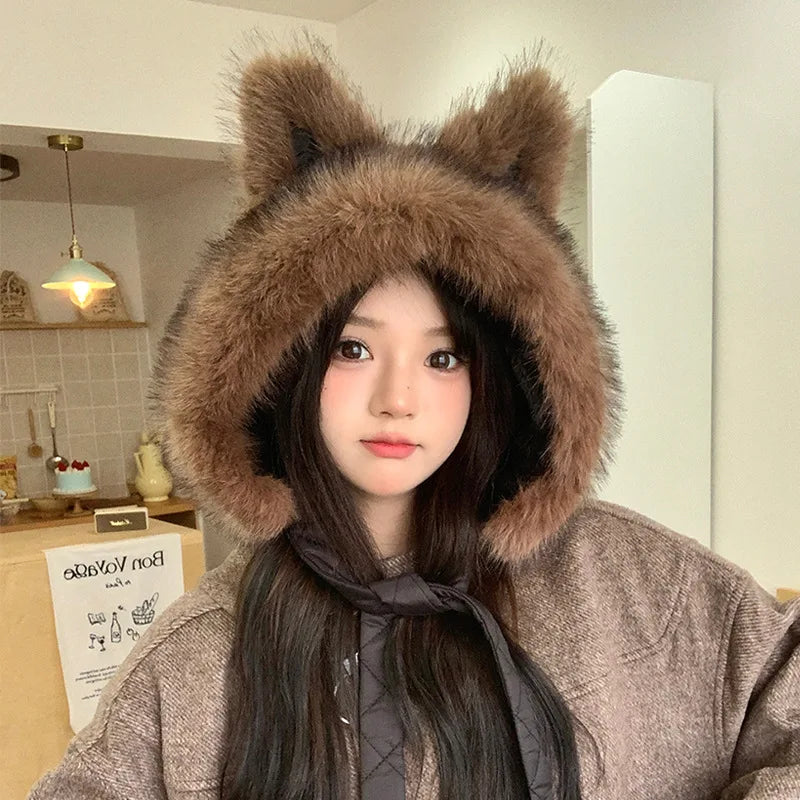 Winter Hat Thicken Ski Beanie Hat for Women Balaclava Spicy Girl Style Cat Girlfriend Hat Outdoor  Warm Protection Accessories