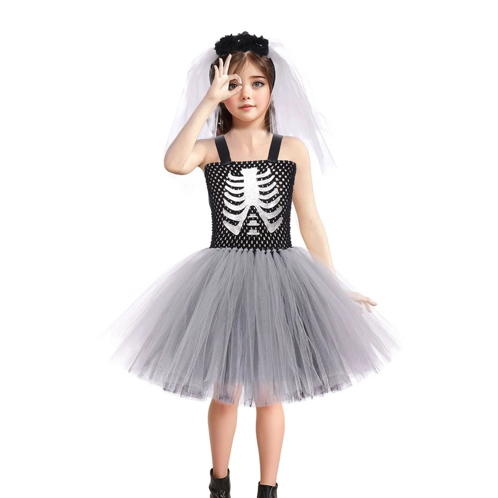 Halloween Terror Costumes For Girls Black White Ghost Scary Outfits Halloween Skeleton Fancy Tutu Dress For Kids