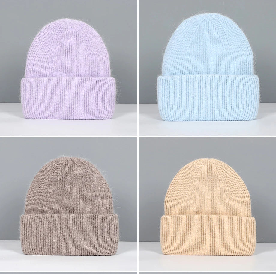 Winter Hats For Women Rabbit Fur Beanie Hat Woman Knitted Skullies Beanies Solid Wool Soft Autumn Winter Cashmere Caps Bonnet
