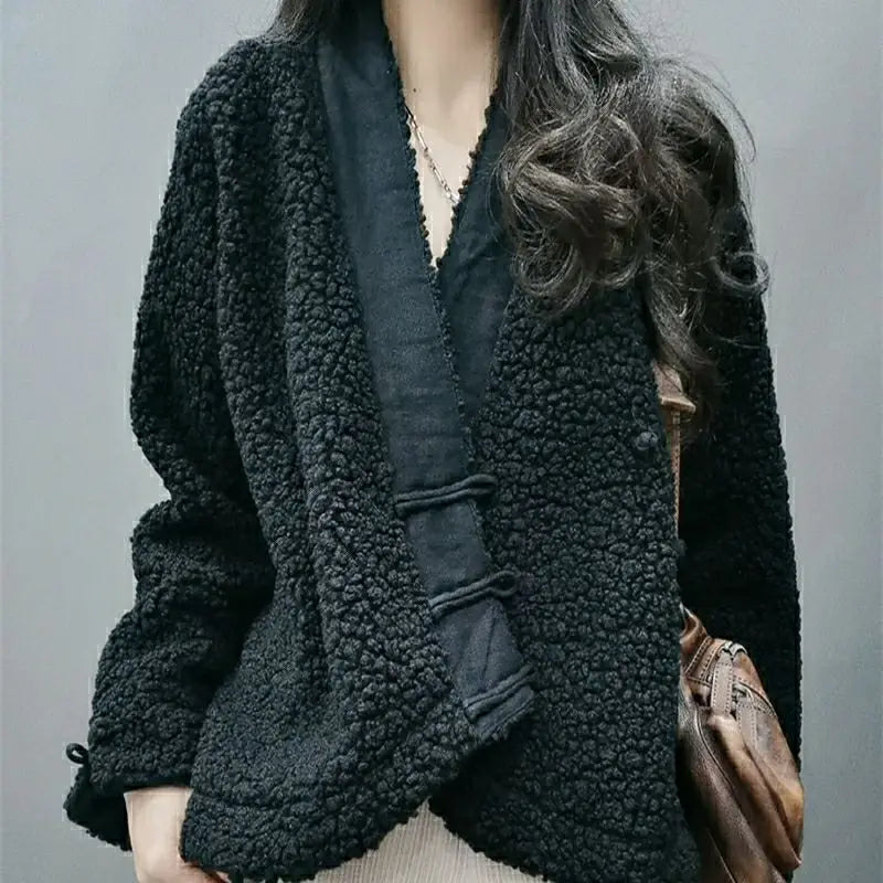 Vintage Jacket Winter New Loose Casual Diagonal Button Short Coat Women Jacket Outerwear Coats Casual Jackets Winter