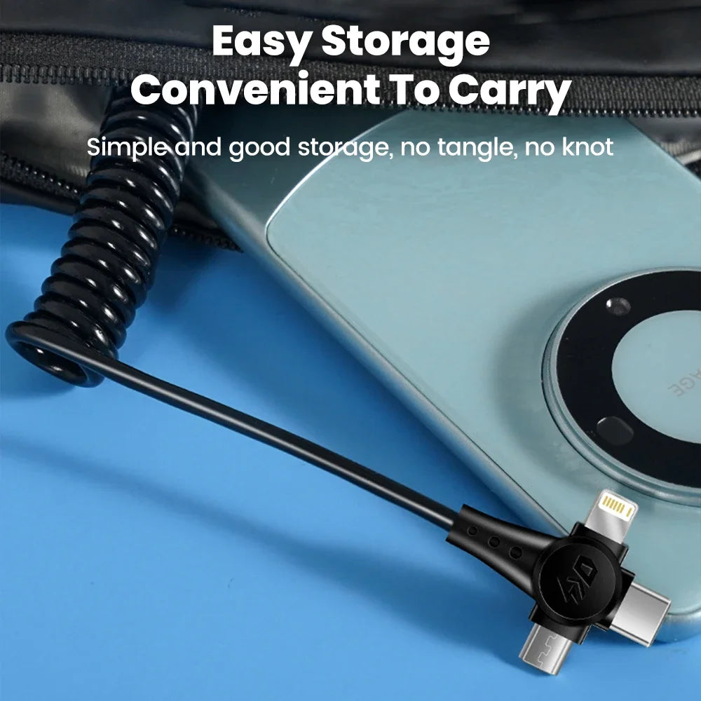 120W 3-in-1 USB C Cable Super Fast Charging Spring Retractable Data Cable For iPhone Huawei Xiaomi Phone Quick Charger Data Cord