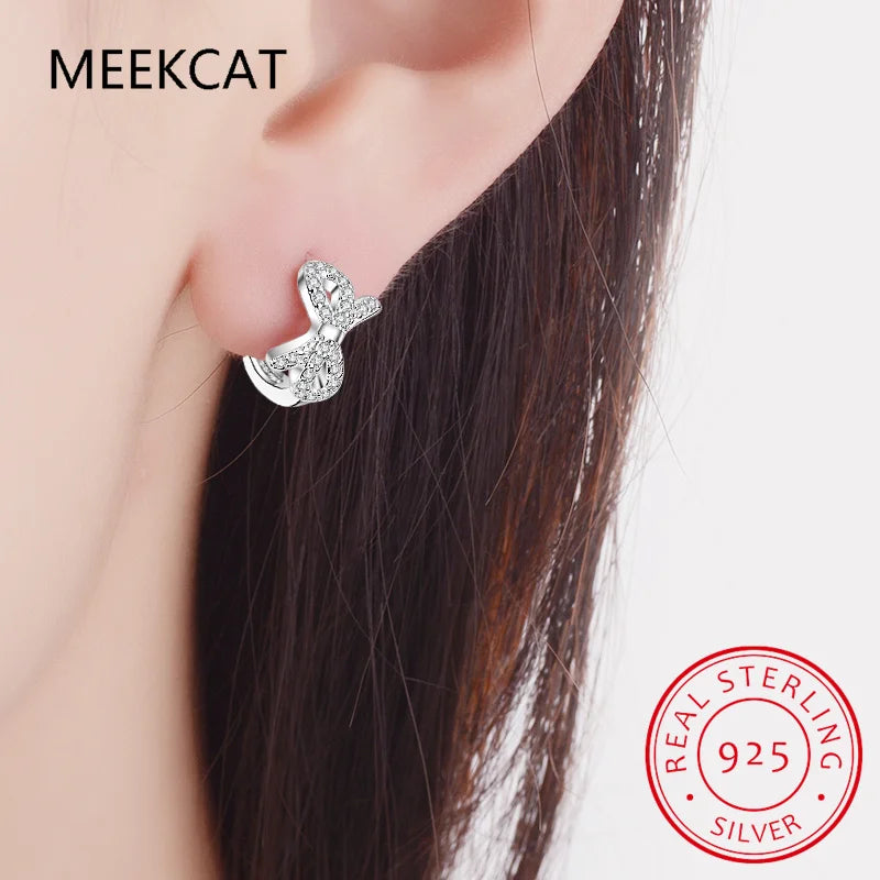 Baby Princess 925 Silver Shiny Zircon Cute Bowknot Hoop Earring For Girl Child Woman Aros Huggies Loop Earring Korea Jewelry