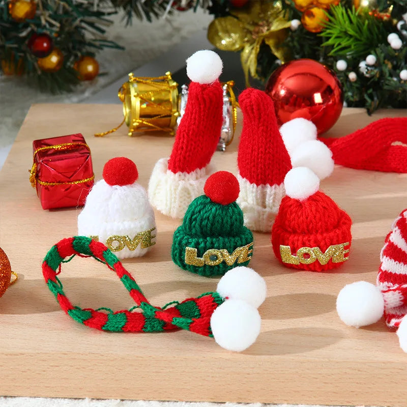 Christmas Decoration  Mini Knit Hat Mini Christmas Scarf Set Knitting Craft Doll Hats Jewelry Making Hair Decoration New year