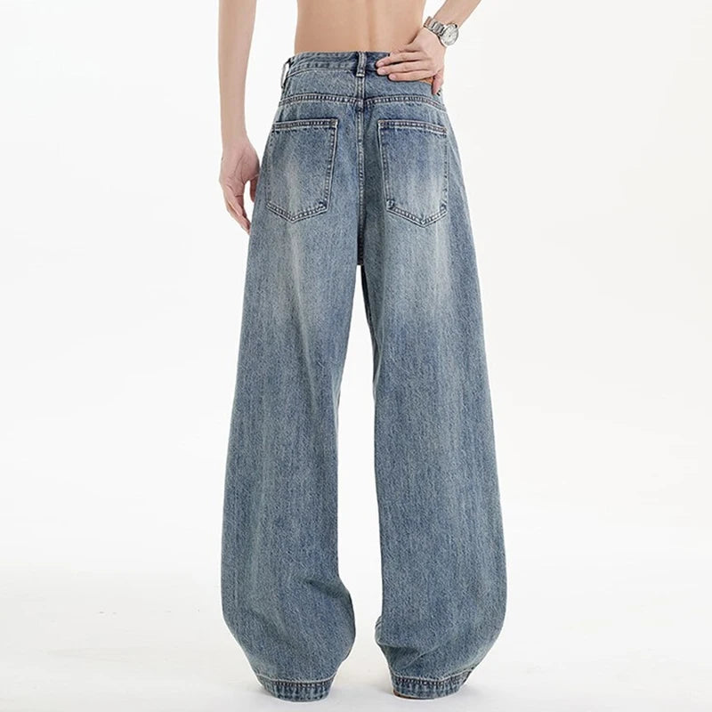 Men's Denim Pants hip hop jean Classic Blue Washed Male Jeans Straight Casual Menwear Loose Wide Leg Trousers 2025 New Fashion