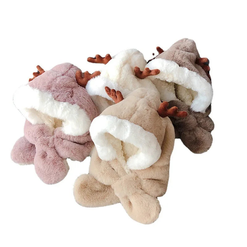Winter Kids Hat for Boy Girl Cartoon Deer Antler Scarf One-Piece Faux Fur Baby Bonnet Thicken Infant Earflap Cute Christmas Gift