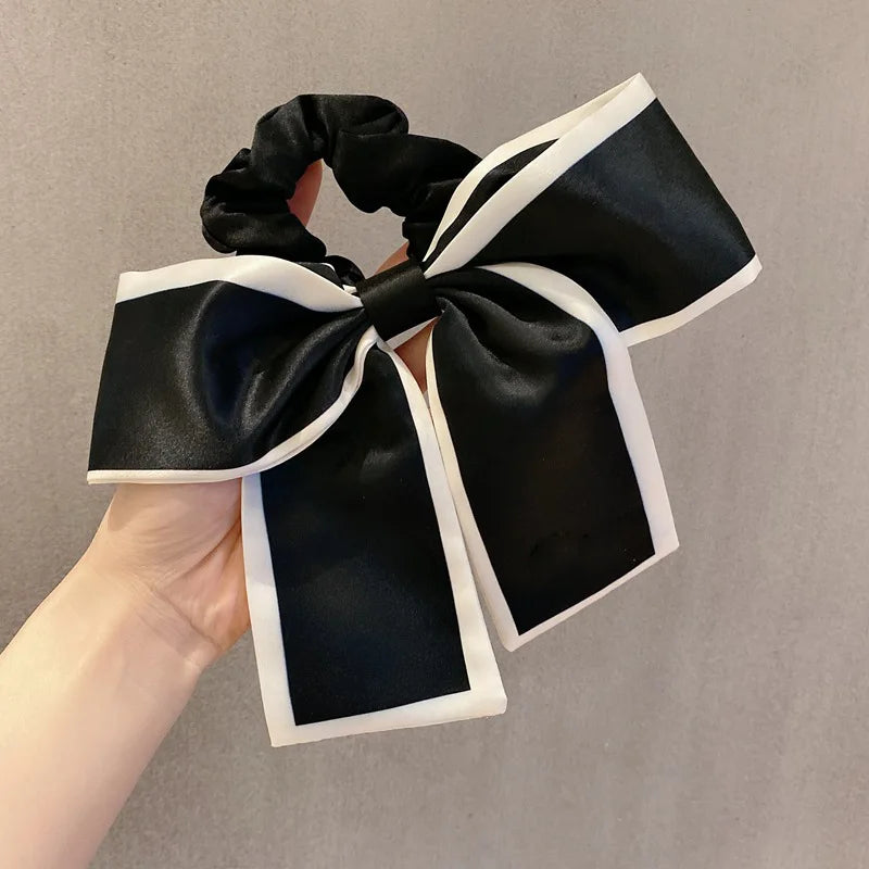 Silk Large Bow Hair Bands Hair Scrunchie Girl Streamers Hair Tie Ponytail Holder Elastic Hair Girl Satin Ribbon French Hair Rope