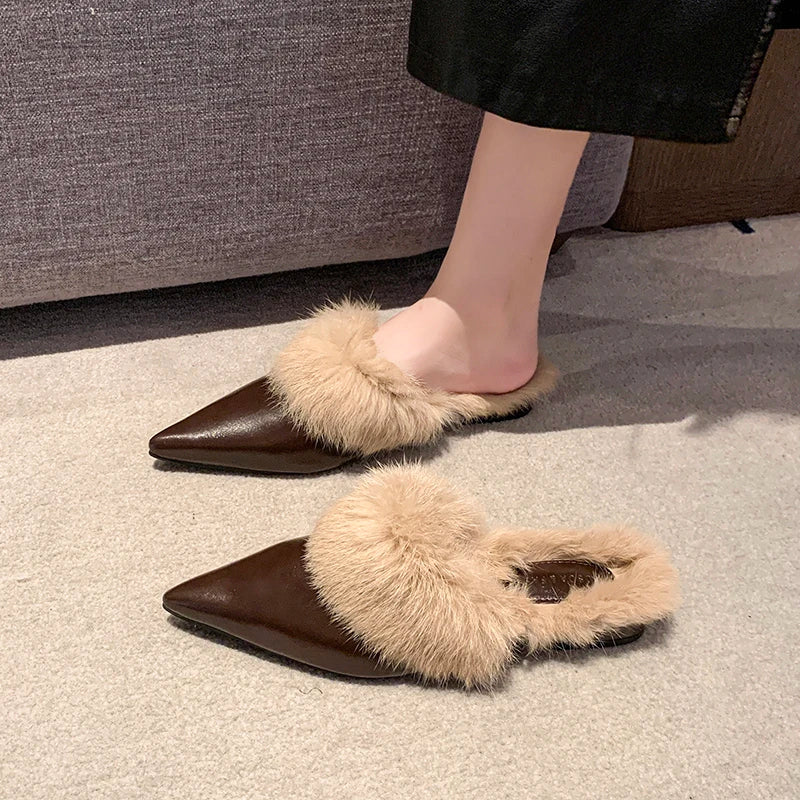 2025 New Shoes for Women House Slippers Platform Fur Flip Flops Slides Loafers Cover Toe Low Plush New Flat Basic Женская Обувь
