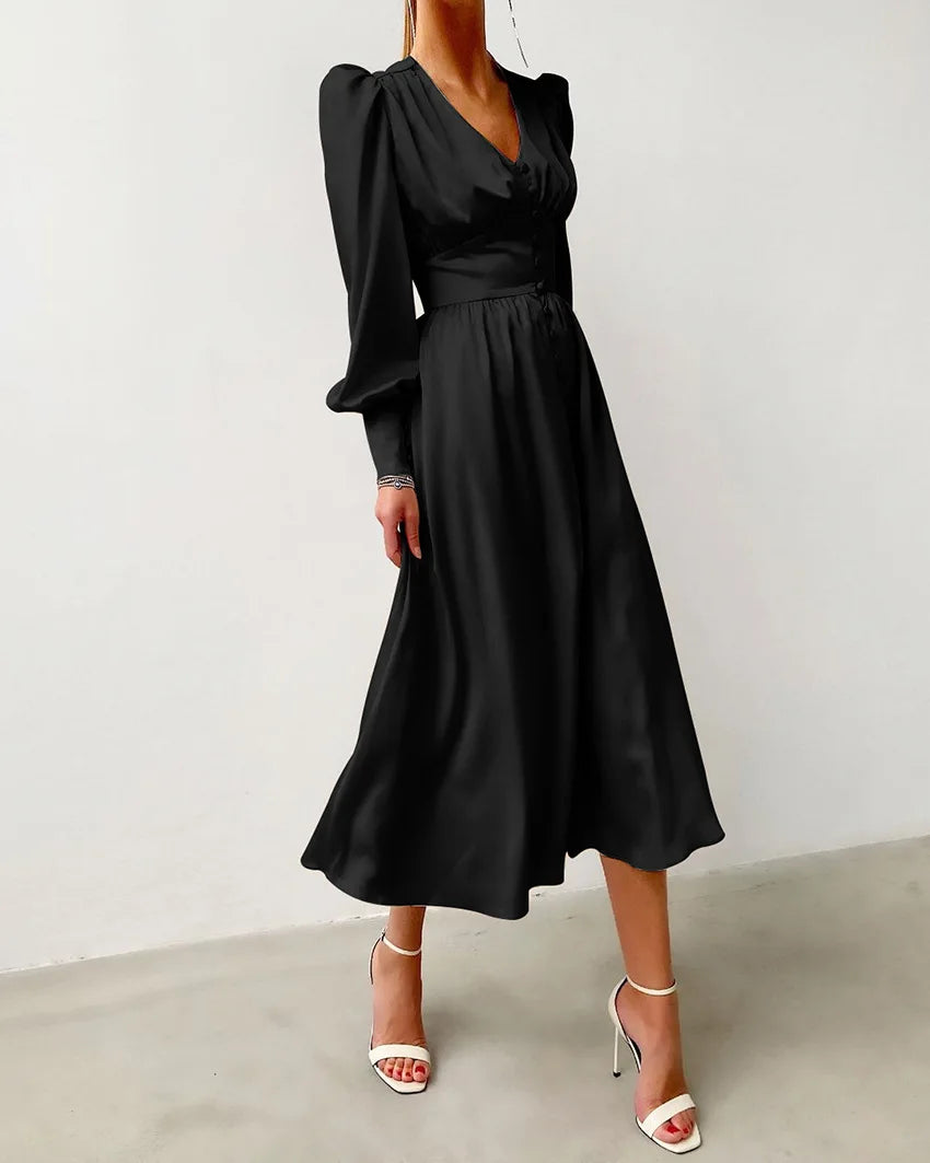 Autumn and Winter Women's Long Dress V-neck Satin Waist Retro Dresses for Women