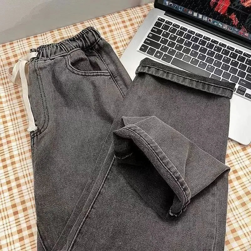 Blue Washed Denim Jeans for Men Straight Loose Fit Wide Leg American Style High Street Casual Pants Trendy Simple