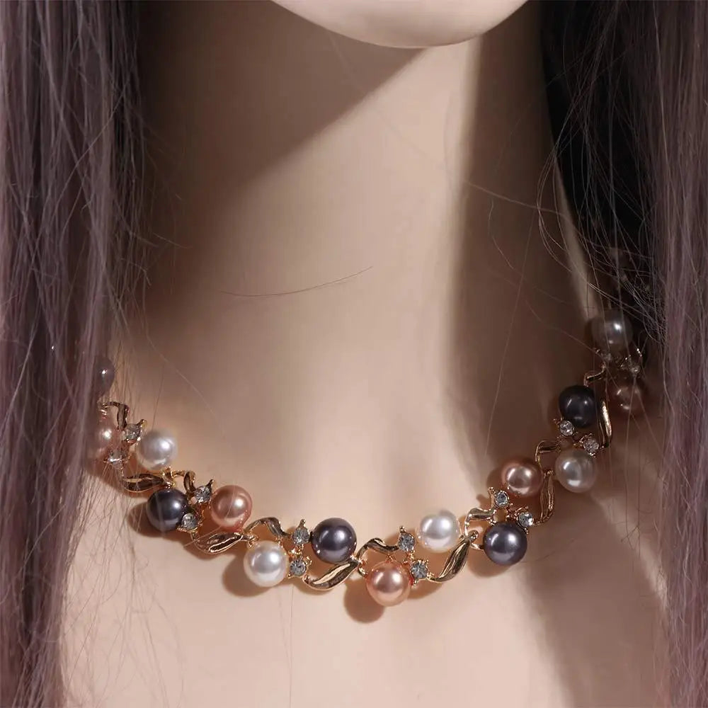 Exquisite Elegant Pearl Necklace Rhinestone Metal Colorful Pearl Necklace Dangle Earrings Leaf Necklace Earrings Set Gift