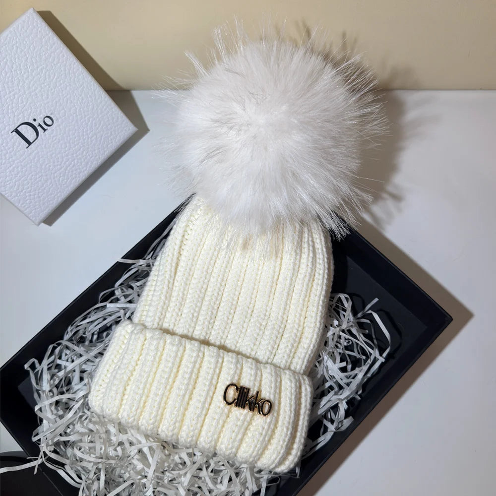 Winter Brand Female Fur Pom Poms hat Winter Hat For Women Girl 's Hat Knitted Beanies Cap Hat Thick Women Skullies Beanies