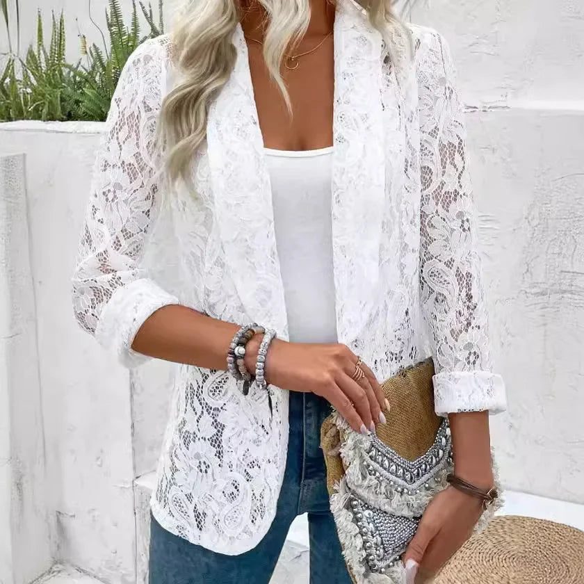 Women's New Spring/summer Stylish Small Suit  Solid Color Lace Hollow-out Long-sleeved Lapel Shirt Jacket Cardigan Suit Soat