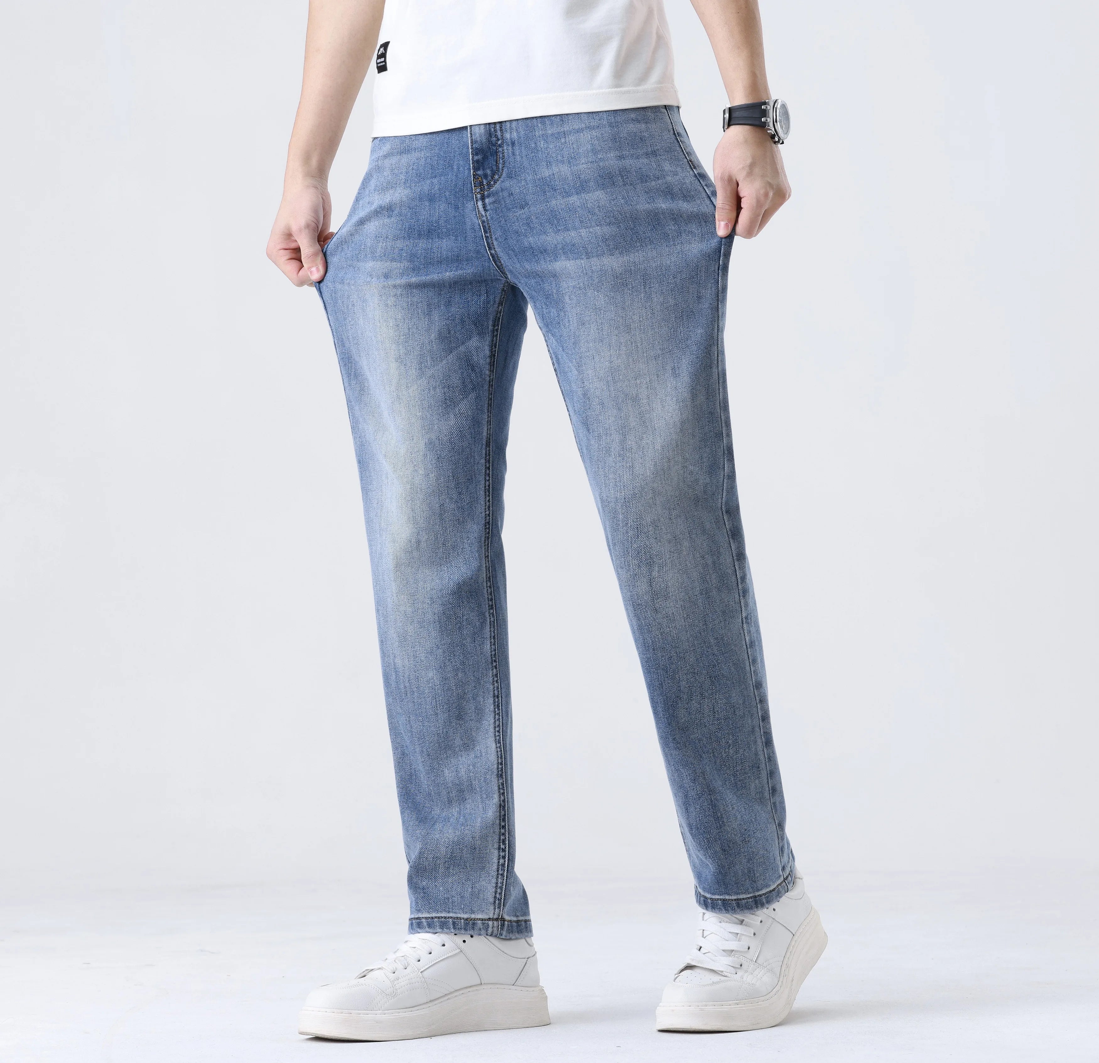 2025 New Loose Straight Leg Jeans for Men  Comfort Thin Stretch Cotton Blend Moisture-Wicking Casual Trousers for Daily Wear