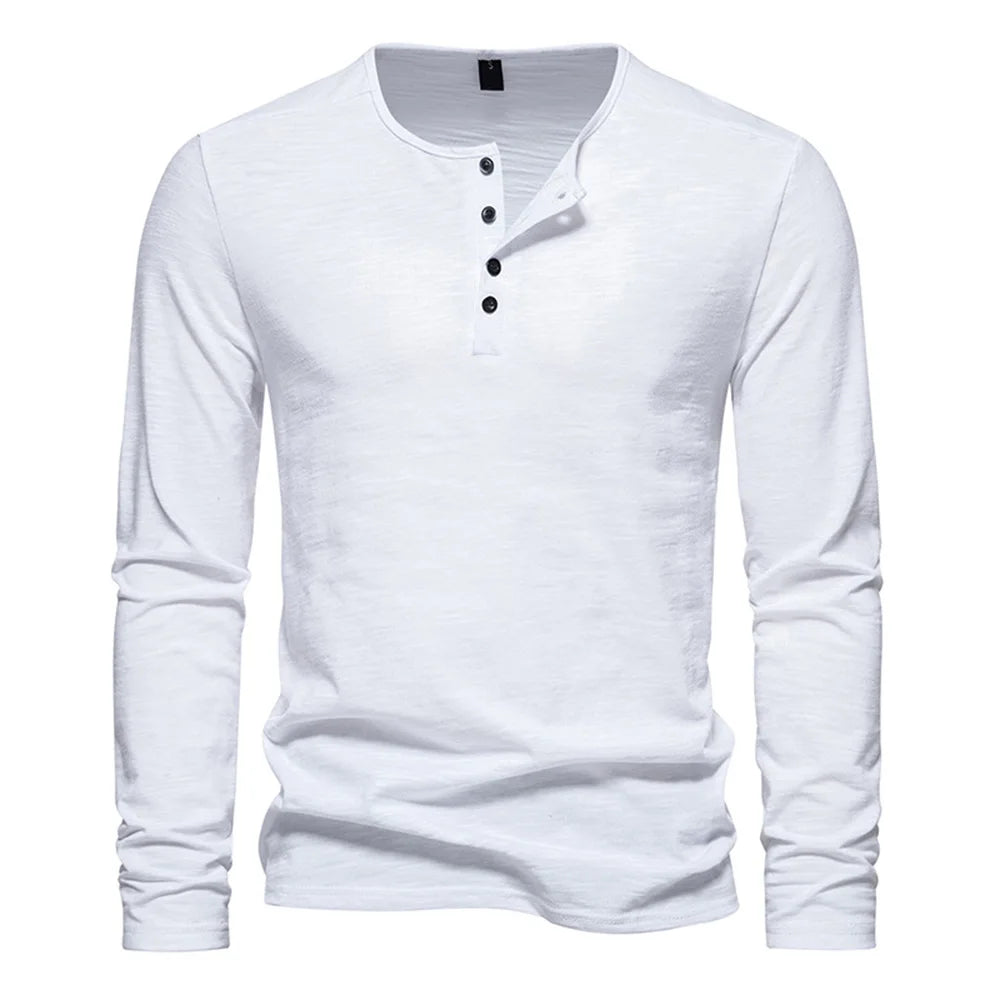 Men Long Sleeved T-shirt Cotton Slim Fit Bottoming Shirt Fitness Tops Tees Button Neck Casual Cozy Tshirt