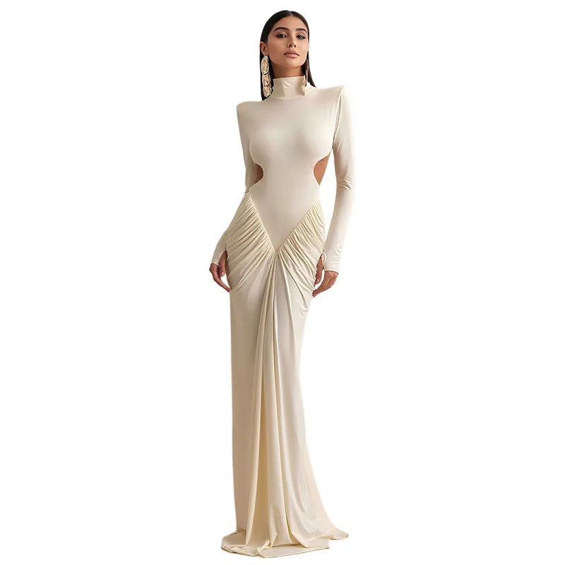 Autumn Winter Turtleneck Dress for Women Sexy Backless Slim Maxi Evening Party Dresses Fashion Ruched Long Sleeve Dress 2025