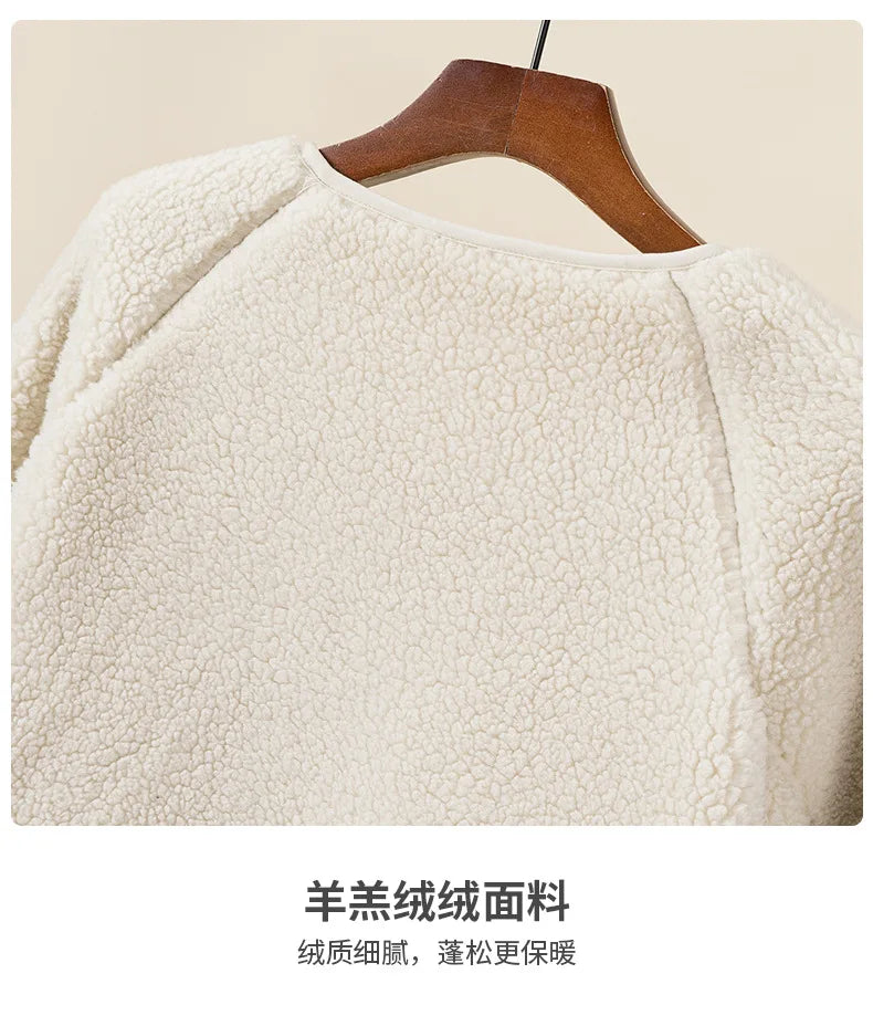 Women Lambswool Jackets 2025 Autumn Winter Thicken Warm Lady Long Sleeve V-neck Outrewear Solid Color Female Chic Zipper Coats