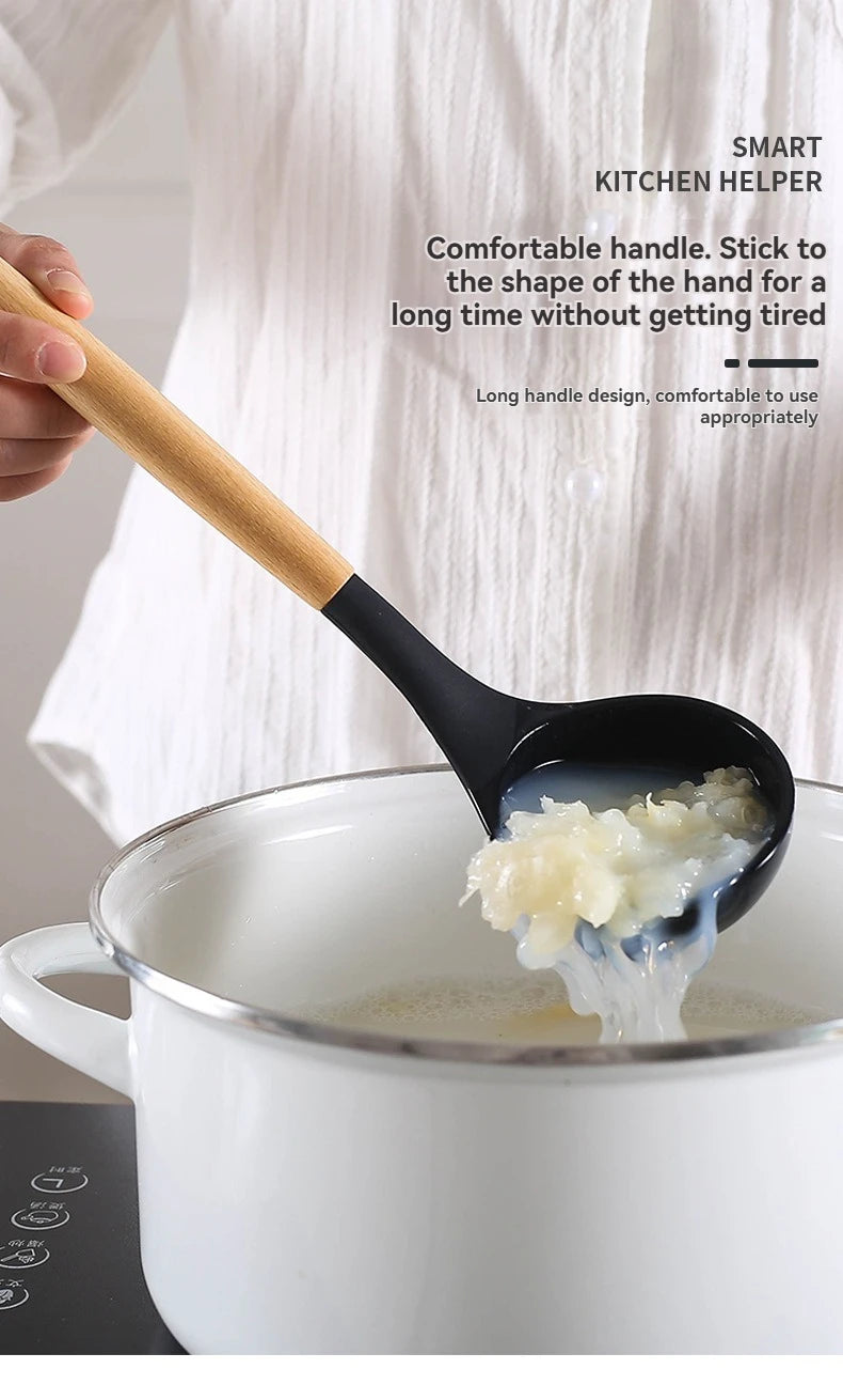 Kitchen utensil set with wooden handles, non-stick pans, food-grade cooking silicone storage set, baking and frying kitchen set