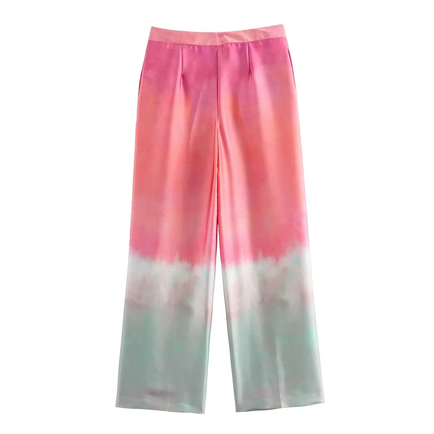 Women's Autumn Suit Tie Dye Turn-Down Collar Single Breasted Blouse+High Waist Gradient Zipper Casual Streetwear Wide Leg Pant