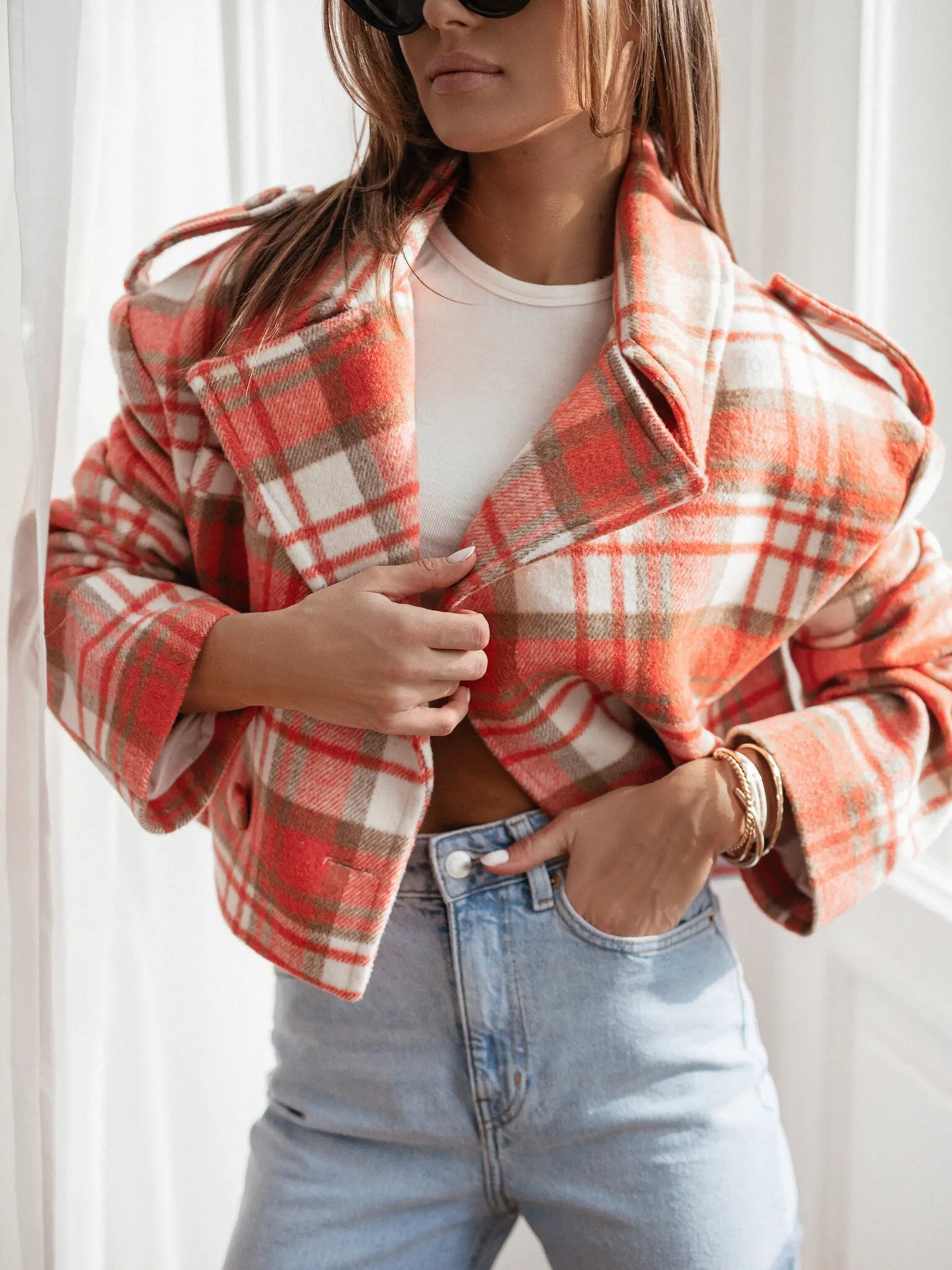 Women's fashion British suit collar plaid printed woolen jacket loose and casual personalized and fashionable temperament