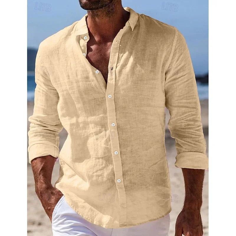 Men's linen shirt summer beach shirt button solid color casual daily black white pink navy blue long sleeved lapel XS-6XL