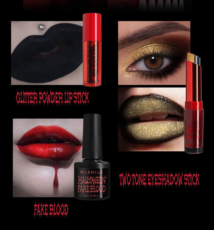 MLSMILE Halloween Makeup Set Eyeshadow Glitter Lip Glaze Fake Blood Wearing Armor 4pcs/set Festive Set Trick or Treat Cosmetics