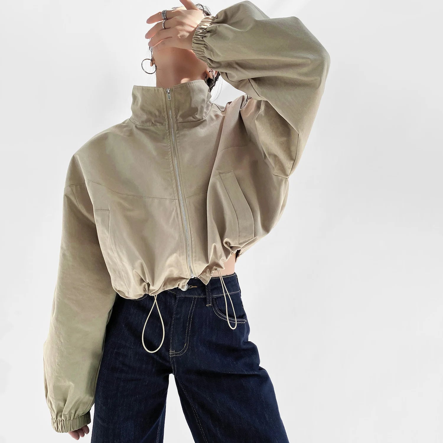 Women's Cropped Utility Jacket - Drop Shoulder Drawstring Hem Ribbed Cuffs Lightweight Cotton