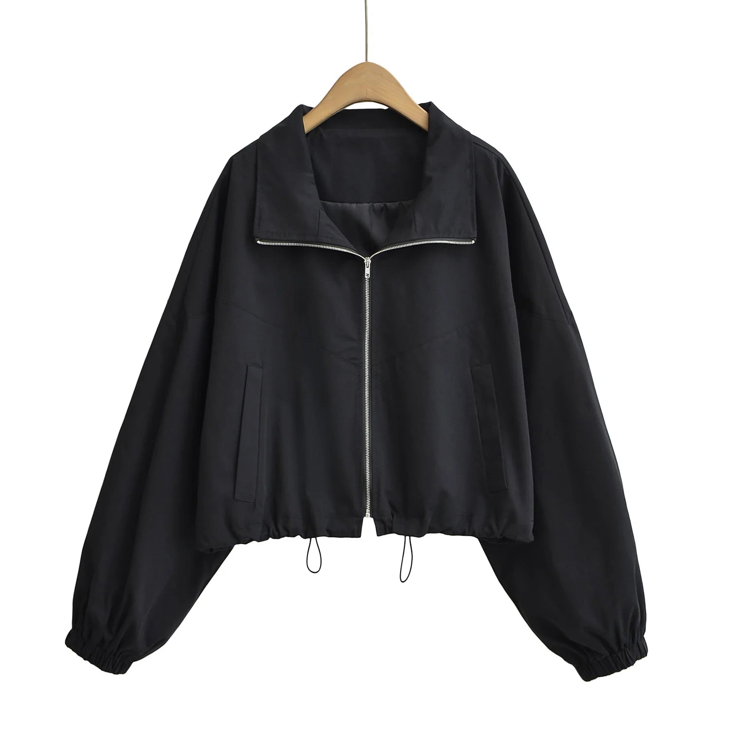Women's Cropped Utility Jacket - Drop Shoulder Drawstring Hem Ribbed Cuffs Lightweight Cotton