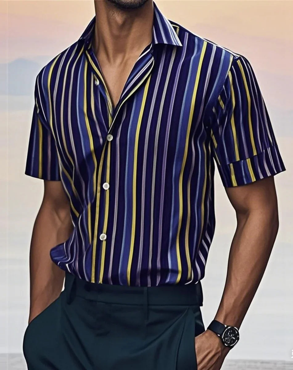 Men's fashion striped shirt, elegant casual comfortable breathable, short sleeves, lapel buttons, soft and comfortable material
